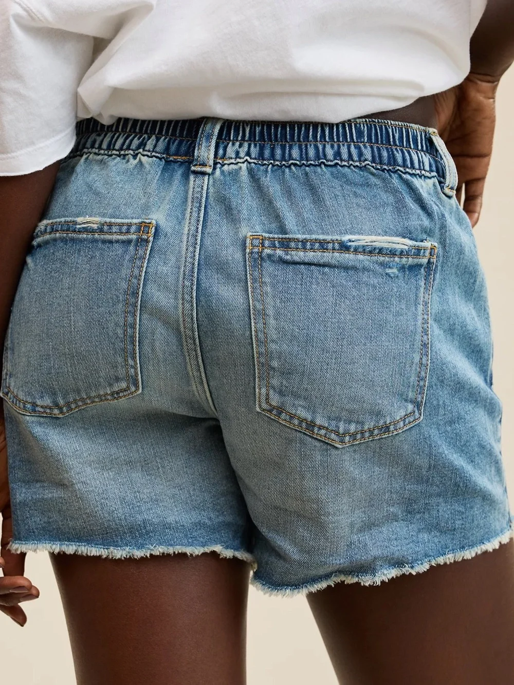 Aerie Daydream Denim Short - Medium Indigo Wash - elastic waist - distressed